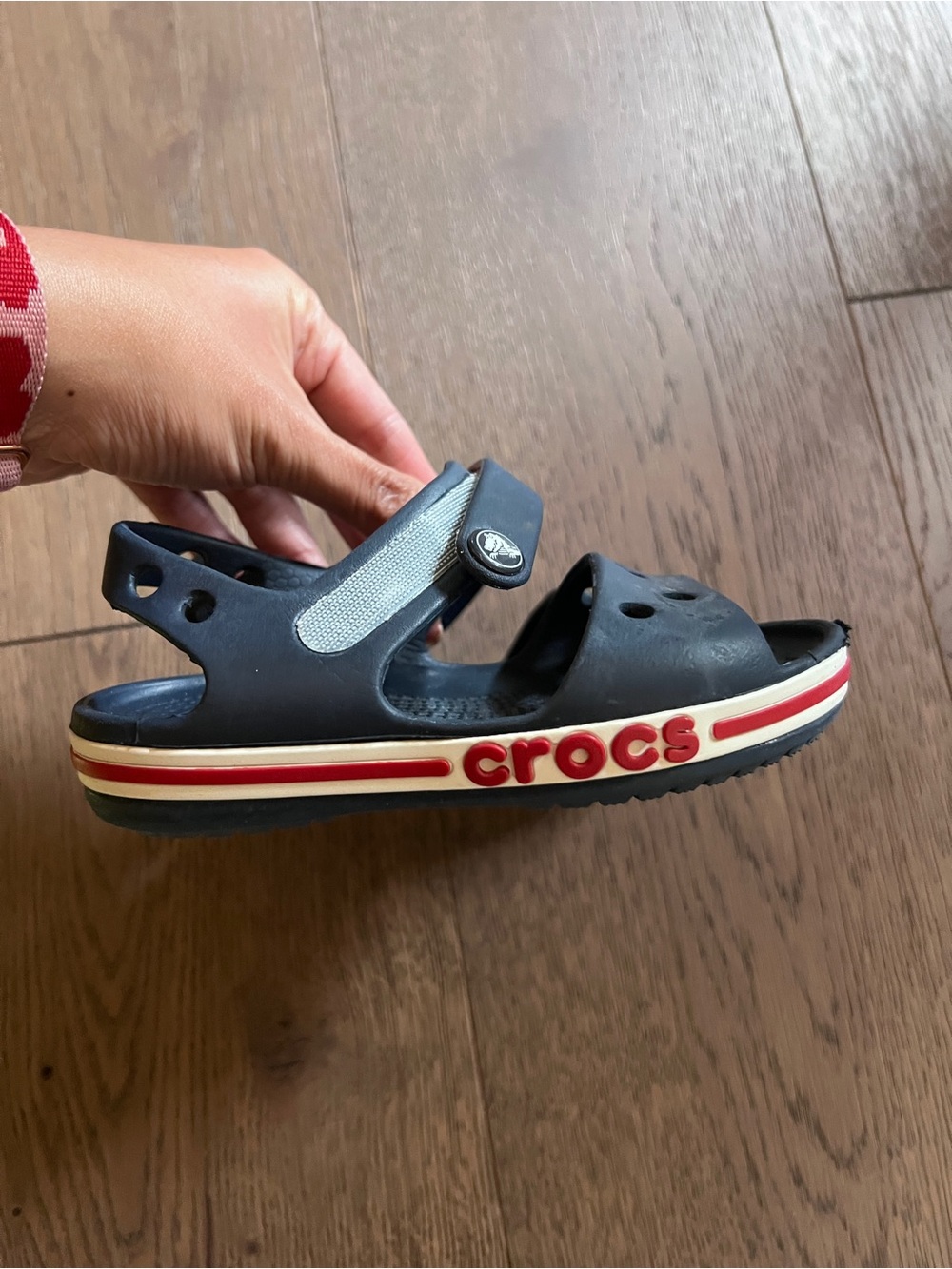 CROCS Navy Sandal with Red and Cream Stripe Logo size 8T